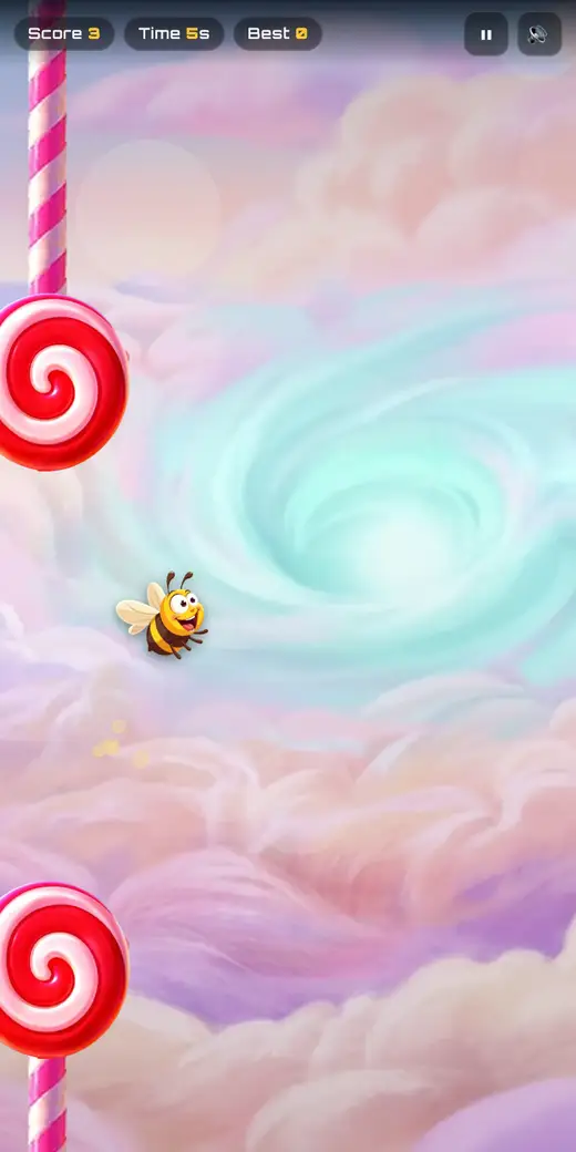 The bee just past a pair of red-and-white lollipops, one hanging from the top and one rising from the bottom, score 3 at 5 seconds.