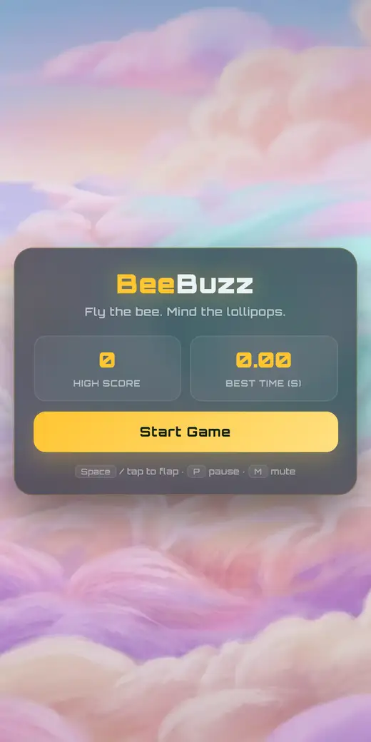 BeeBuzz start menu over a pastel candy sky, with high score 0, best time 0.00 and a yellow Start Game button.