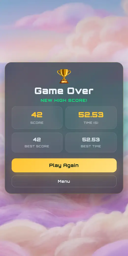 Game over panel with a trophy, the words New high score, 42 points and a time of 52.53 seconds.